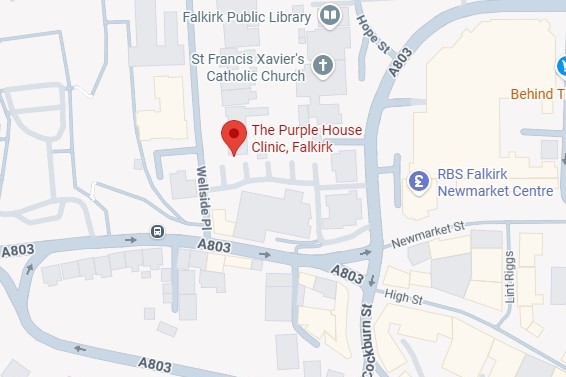 Map showing Purple House Clinic Falkirk location with red pin on Wellside Place near A803