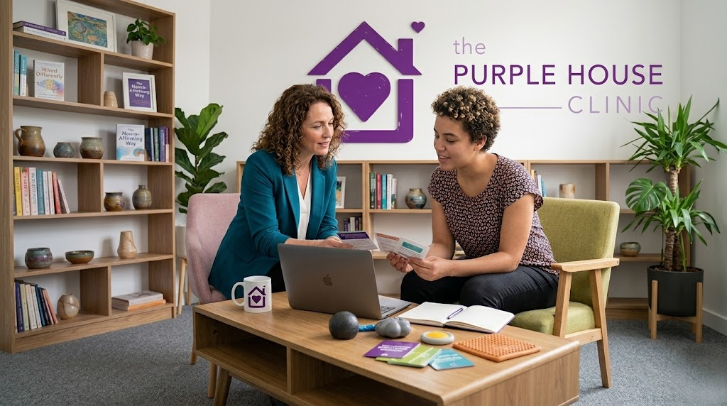 Purple House Clinic: Integrated and Collaborative Adult Neurodiversity Services A 16:9 photograph set within a bright, specialised clinic environment at Purple House. A female clinician (wearing a teal blazer) and an adult client (wearing a patterned top) are seated at a wooden coffee table, collaboratively reviewing information on a laptop and resource cards. The room is modern and welcoming, featuring extensive wooden bookshelves filled with diverse books and pottery, and several thriving large house plants. On the back wall, the official 'purple house with heart' logo and a large sign that reads 'the PURPLE HOUSE CLINIC' are prominently displayed. A branded mug sits on the table.