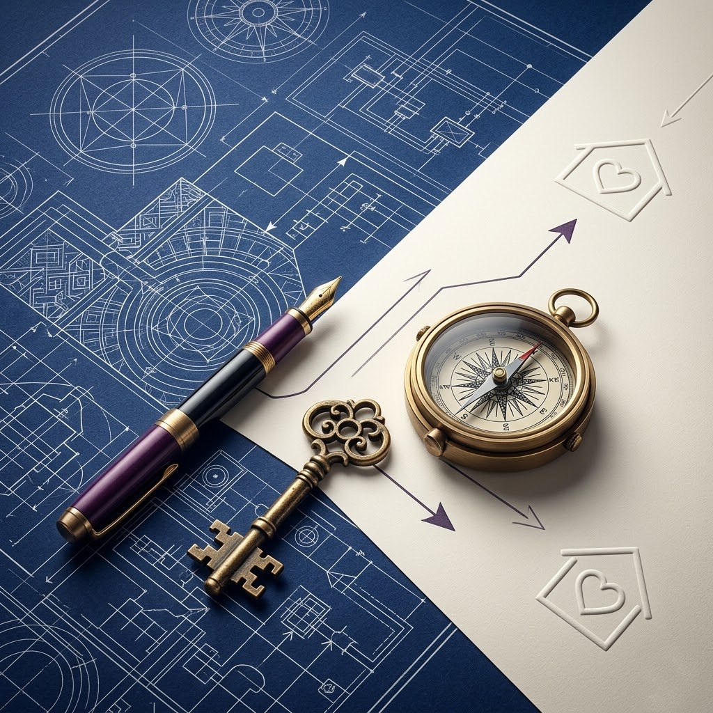 Purple House Clinic: The Tangible Benefits of Seeking Adult Support Now A 1:1 photorealistic conceptual photograph for Purple House Clinic. On layered archival blueprints, a complex, recursive indigo map transitions to a clean directional pathway. Resting on this enabled path are an intricate brass key and a detailed maritime compass. A premium fountain pen indicates the decision to act. The official heart-house logo is embossed as the final destination. The colours are deep creams, purple, and brass.