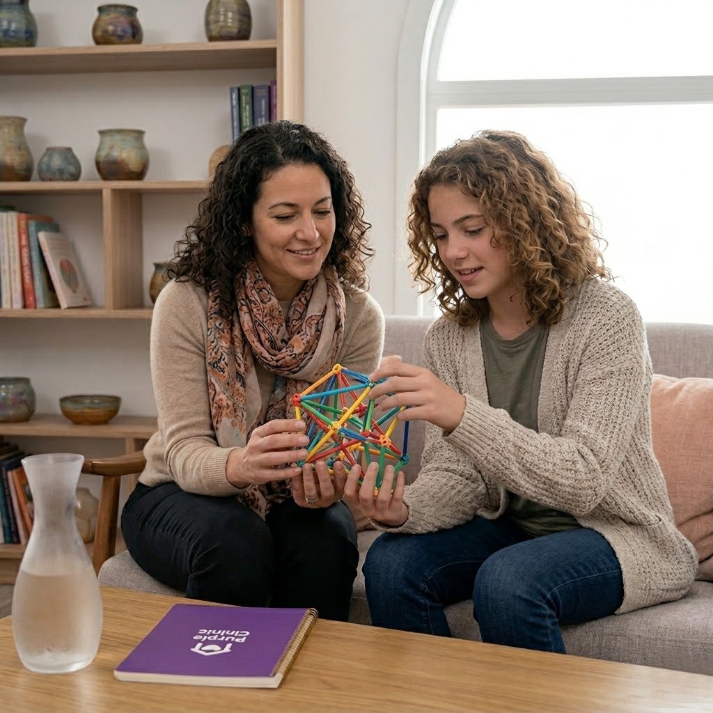 benefits-neurodiversity-support-collaboration-purple-house A 1:1 photograph in a Purple House Clinic therapy room, showing a female clinician and a neurodivergent teenager collaborating. They are actively focused on joint problem-solving, holding and manipulating an intricate, multi-coloured geometric structure. On the coffee table in front of them is a clear water carafe and a purple clinic-branded notebook. The large arch window and bookshelf are visible in the background. The atmosphere is calm and productive.