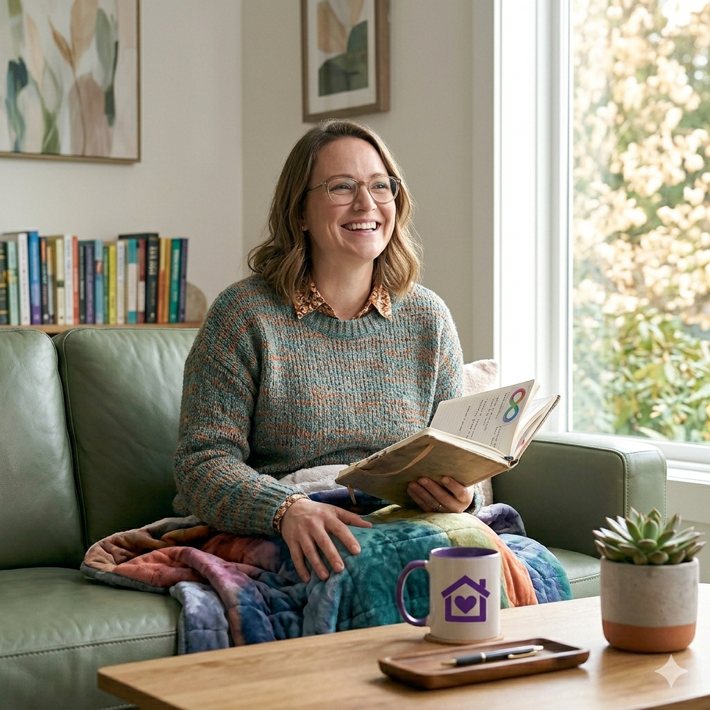 Benefits of Specialist Neurodivergent Support A happy, relaxed adult woman with glasses sitting on a green sofa, smiling and holding a notebook with a rainbow infinity symbol. A Purple House Clinic logo mug is on the table in front of her. She is draped in a colourful, soft blanket in a bright, modern room.