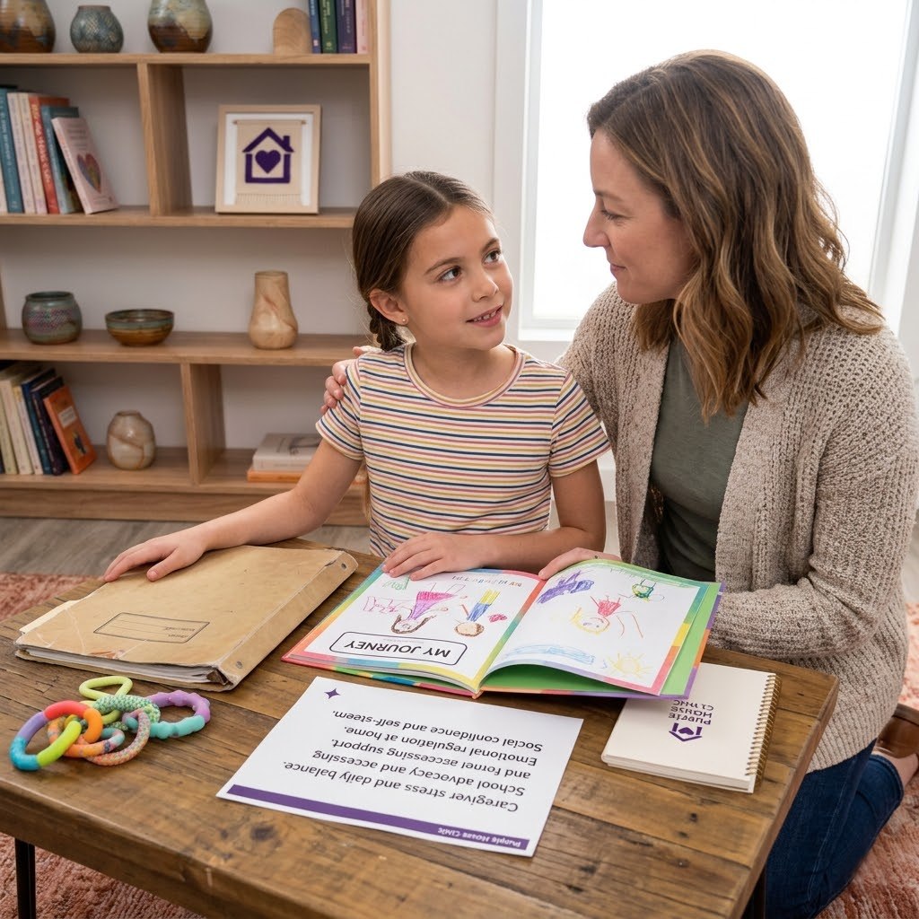 Navigating the Neurodivergent Journey: Child and Caregiver Support A 1:1 lifestyle photo of a mother and daughter sitting at a wooden table in a neuro-affirming clinic. The child is showing her mother a