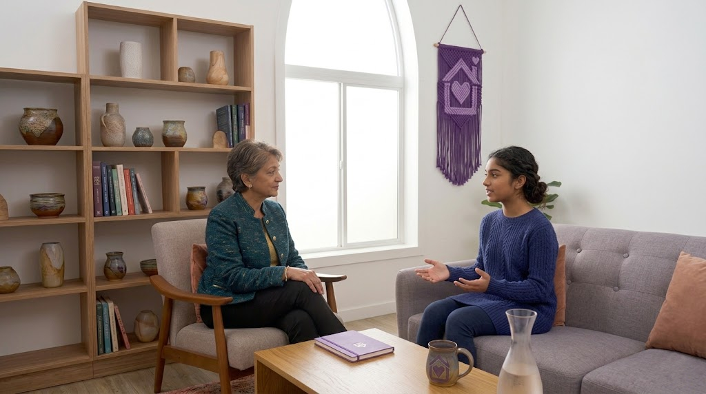 Purple House Clinic: Collaborative Adolescent Support Session A 16:9 photo of a kind female clinician and a teenager seated together in a bright, modern living room at Purple House Clinic. They are collaboratively focused on a multi-colored sensory tangle toy. On the light wood coffee table in front of them is a purple 'Purposeful Path' notebook and a small potted succulent. The background includes a large bookshelf and a decorative macrame heart-house wall hanging.