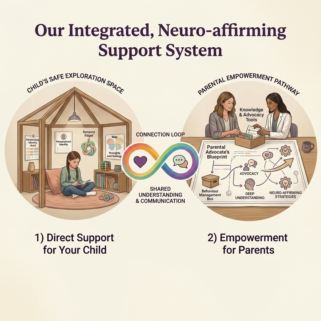 Connecting Care and Advocacy: Our Integrated Support System A 1:1 infographic titled Our Neuro-affirming Ecosystem. On the left, a child sits in a cozy wooden 'exploration space' with sensory tools. On the right, two women in professional-casual attire collaborate over an advocacy blueprint with icons for a compass, a key, and a lightbulb. A rainbow infinity symbol with a heart and speech bubble connects the two sections.