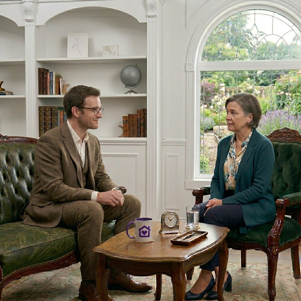 post-diagnostic-adhd-autism-support-adults A younger male clinician with glasses and a subtle smile sitting across from an adult client in a bright, modern-Victorian room with white bookshelves and a leaded glass window. A Purple House Clinic logo mug is on the table between them