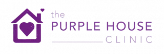The Purple House Clinic logo: To the left, a simple purple house with a purple heart inside, with a small purple heart coming from the chimney. To the right, the Purple House Clinic text logo.
