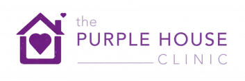 The Purple House Clinic logo: To the left, a simple purple house with a purple heart inside, with a small purple heart coming from the chimney. To the right, the Purple House Clinic text logo.
