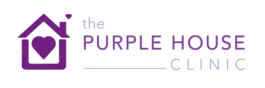 The Purple House Clinic logo: To the left, a simple purple house with a purple heart inside, with a small purple heart coming from the chimney. To the right, the Purple House Clinic text logo.